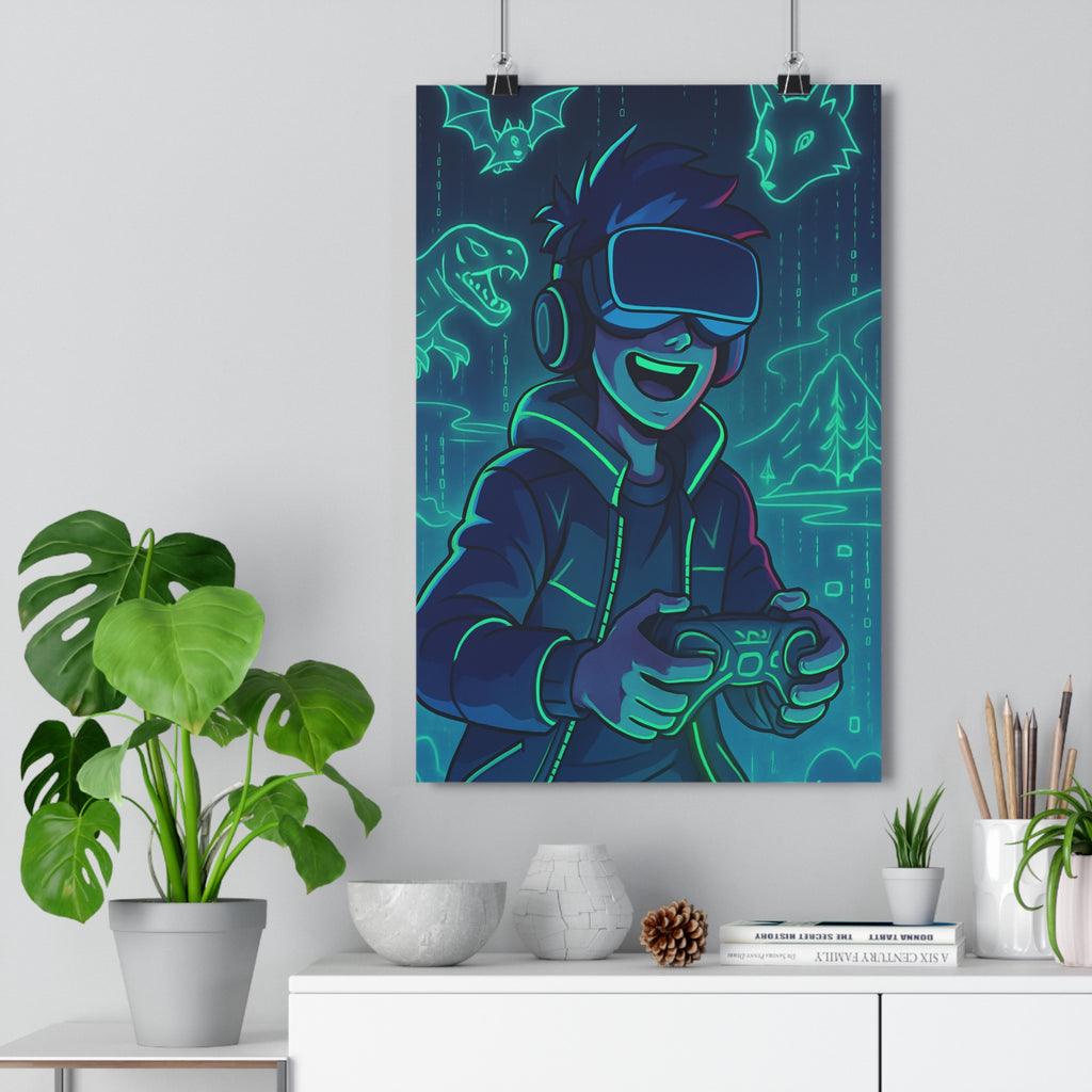 Poster décoratif gaming néon bleu vert cartoon aventure chambre enfant lumineux futuriste immersif dynamique