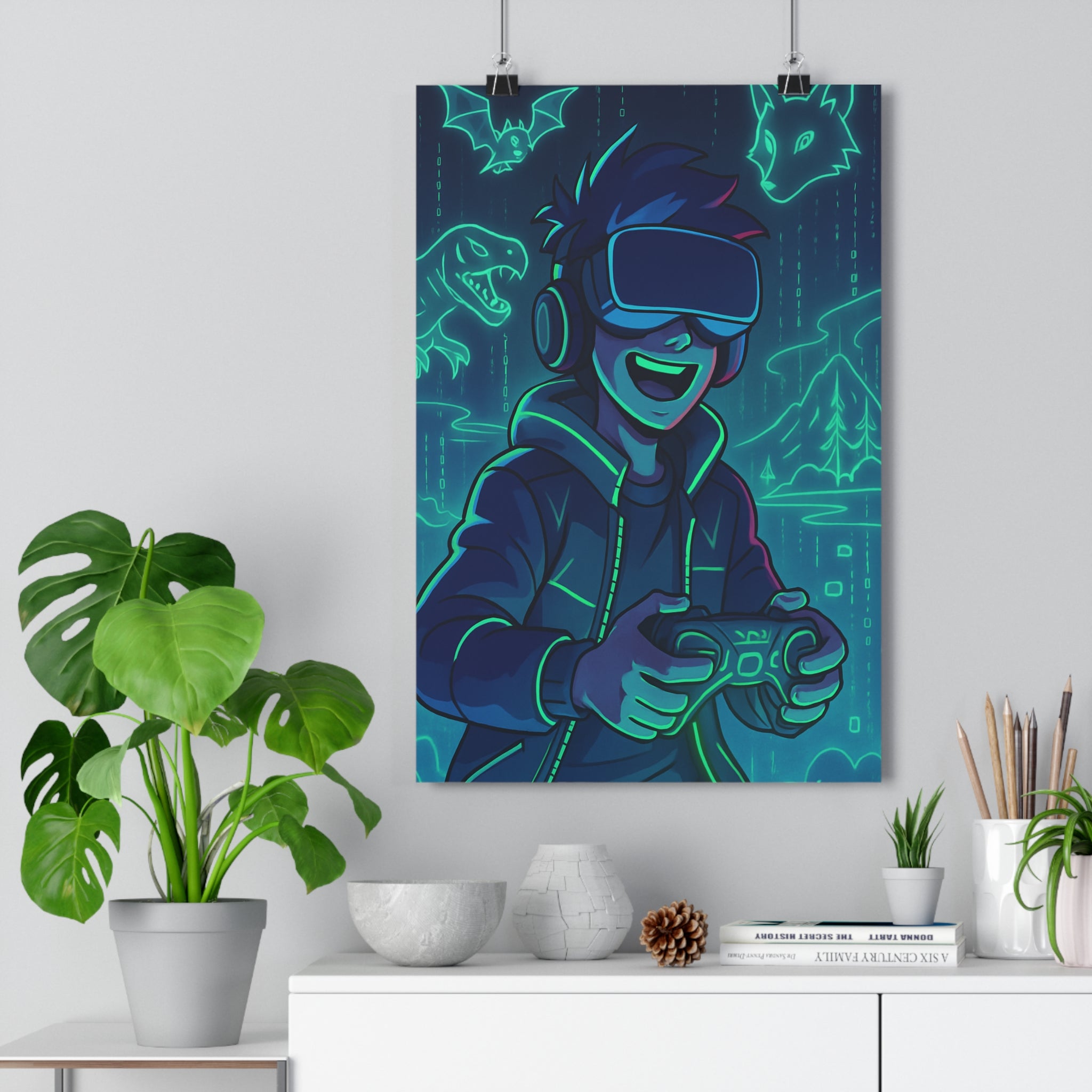 Poster décoratif gaming néon bleu vert cartoon aventure chambre enfant lumineux futuriste immersif dynamique