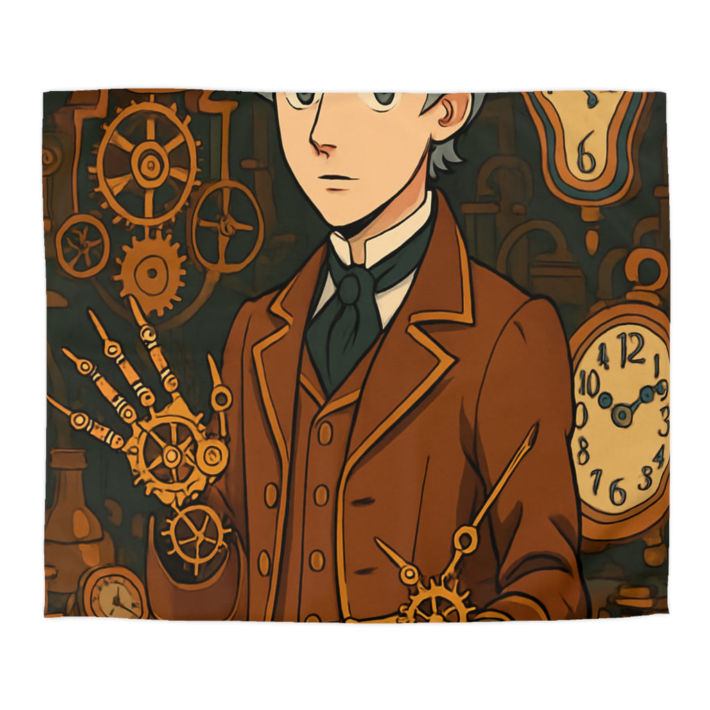 Housse de couette steampunk avec horloges et personnage stylé en tenue victorienne