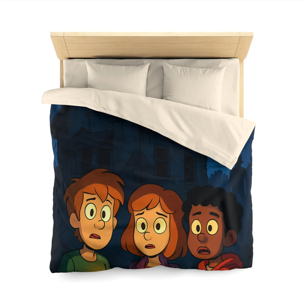 Housse de couette aventure mystérieuse, enfants explorant maison hantée sous lune rouge intrigante