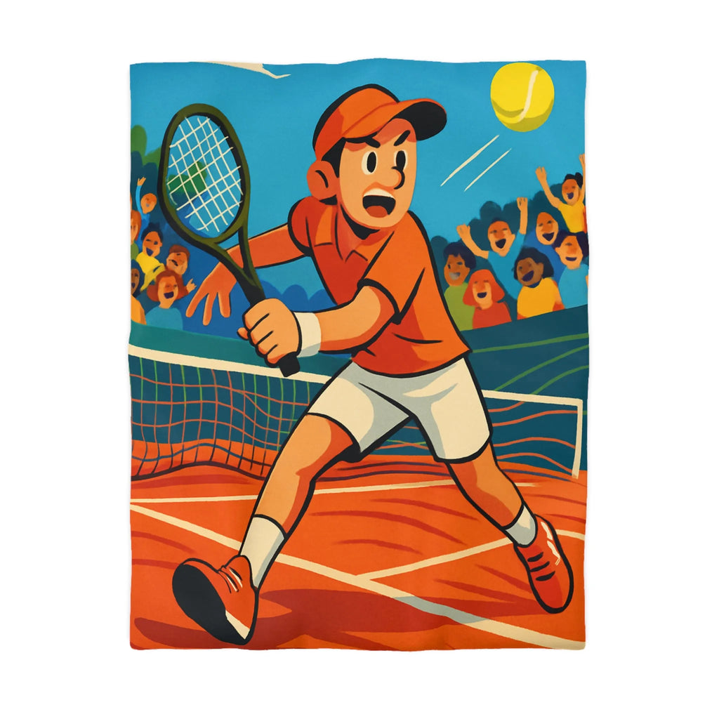 Dessin Animé Joueur de Tennis Dynamique en Action sur Court avec Public Enthousiaste