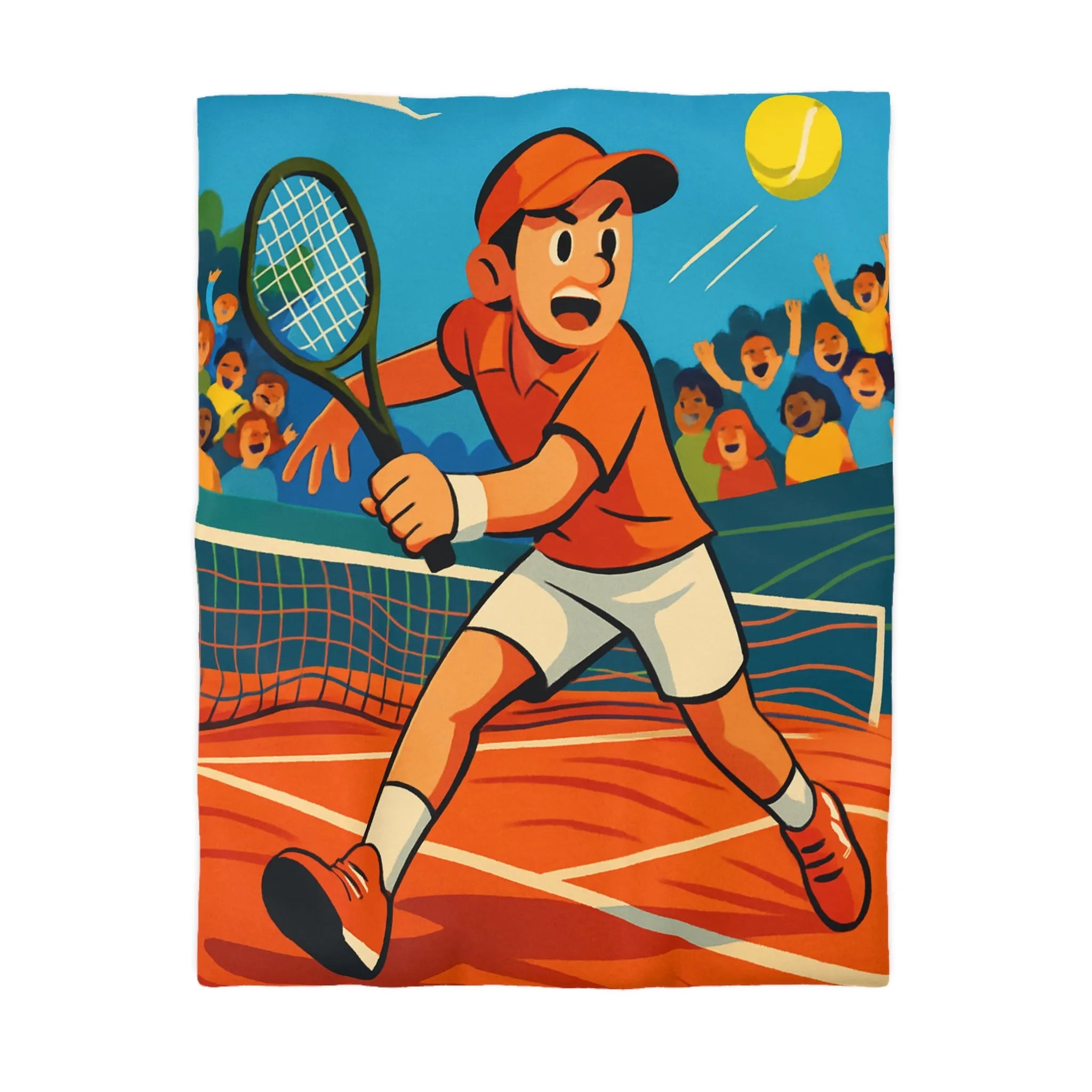 Dessin Animé Joueur de Tennis Dynamique en Action sur Court avec Public Enthousiaste