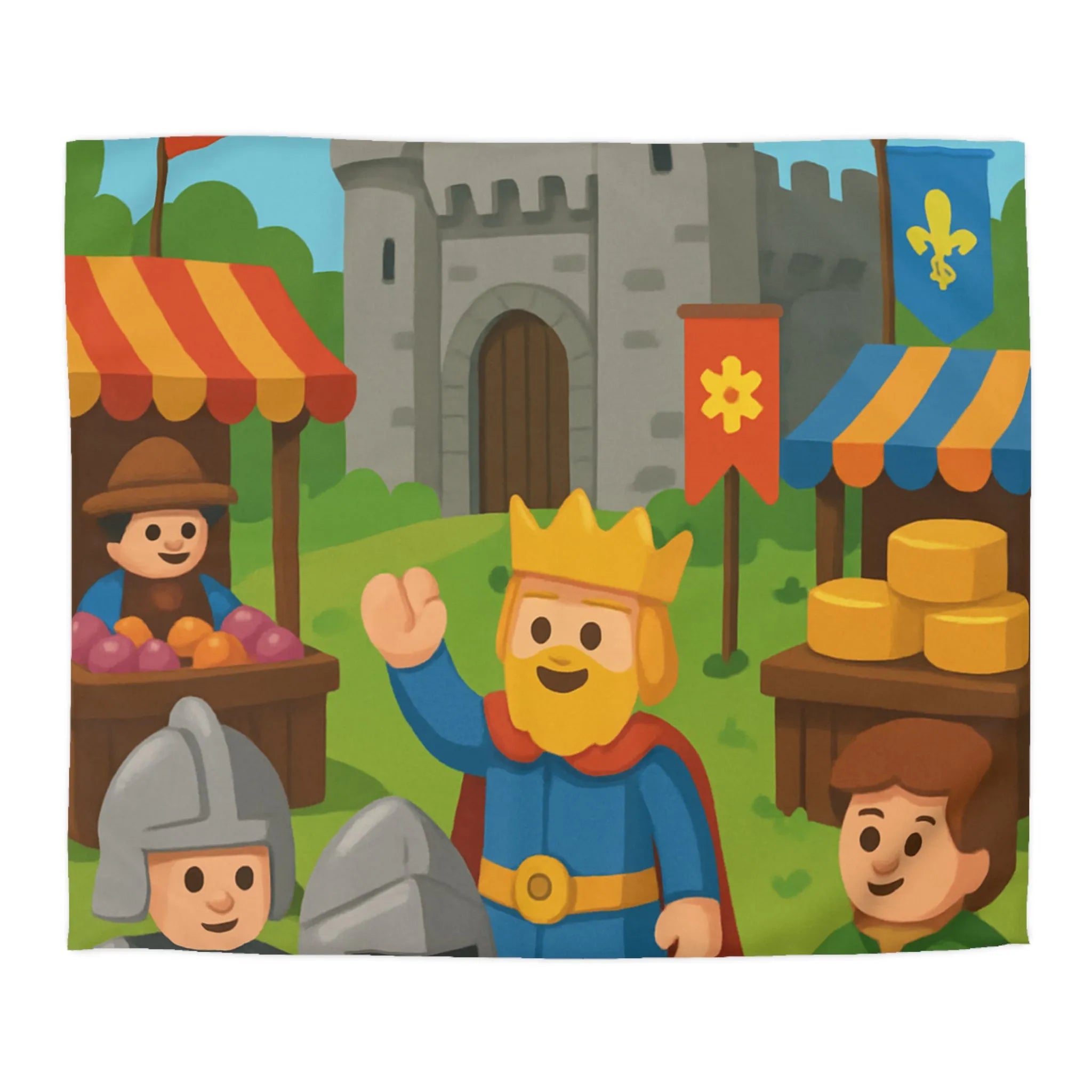 Housse de Couette Ludique Moyen Âge Château Roi et Marché Animé Coloré