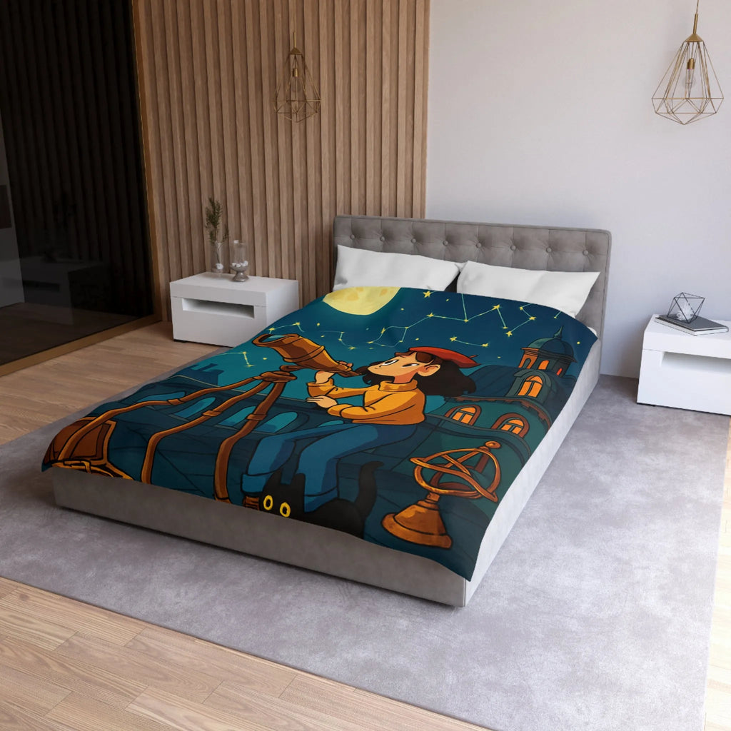 Housse de Couette Enfant Astronome avec Télescope, Ciel Étoilé Magique et Constellations