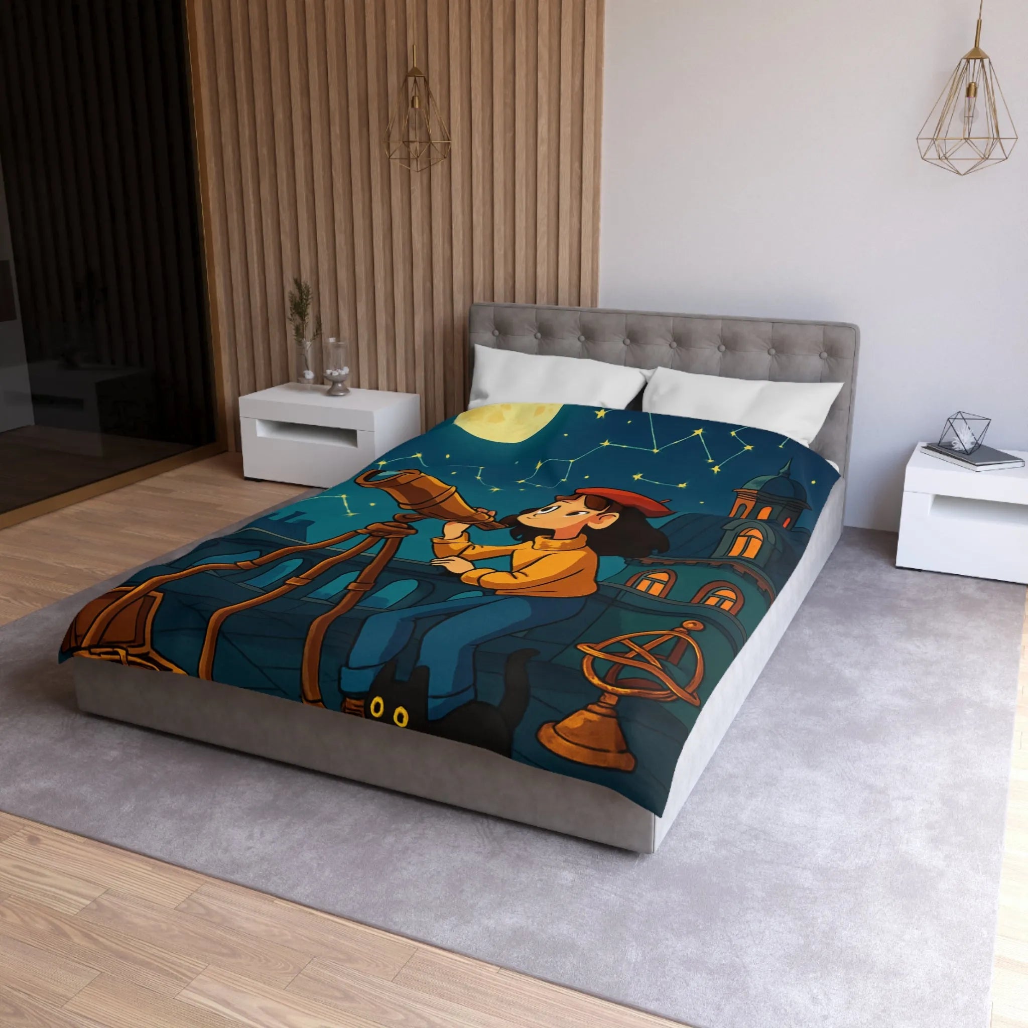 Housse de Couette Enfant Astronome avec Télescope, Ciel Étoilé Magique et Constellations