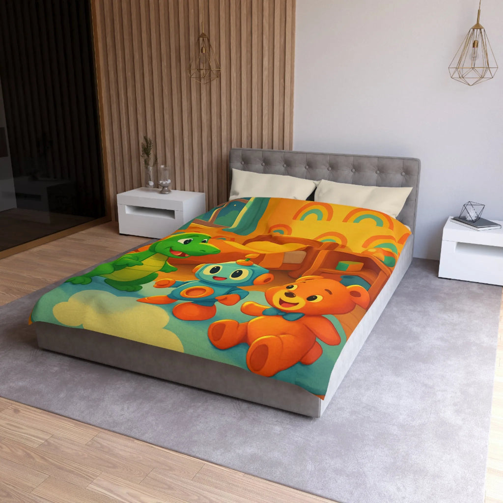 Housse de Couette Enfant Dinosaure, Robot et Ours Orange avec Arc-en-Ciel Coloré