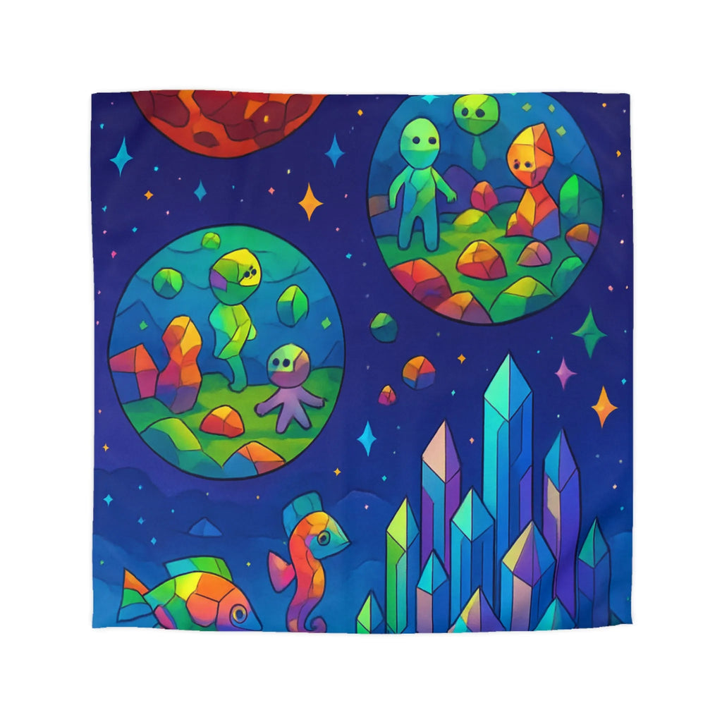 Housse de couette colorée avec paysages extraterrestres, créatures mignonnes et cristaux célestes
