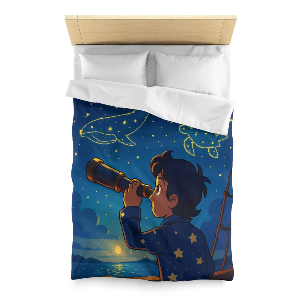 Housse de Couette Étoilée Enfant Rêveur Observant Constellations Célestes Bleu Nuit
