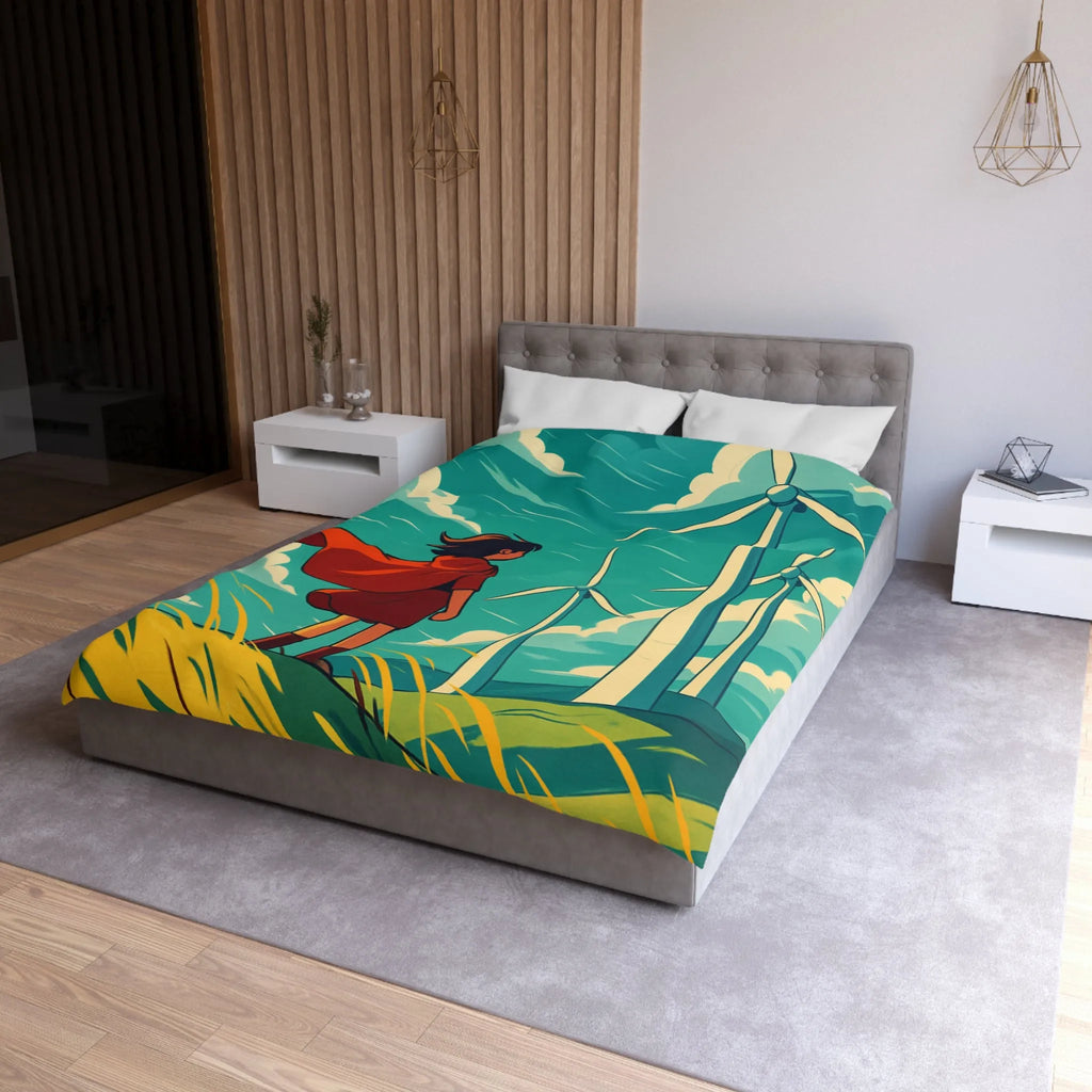 Housse de Couette Enfant avec Éoliennes et Paysage Venté Rouge et Bleu