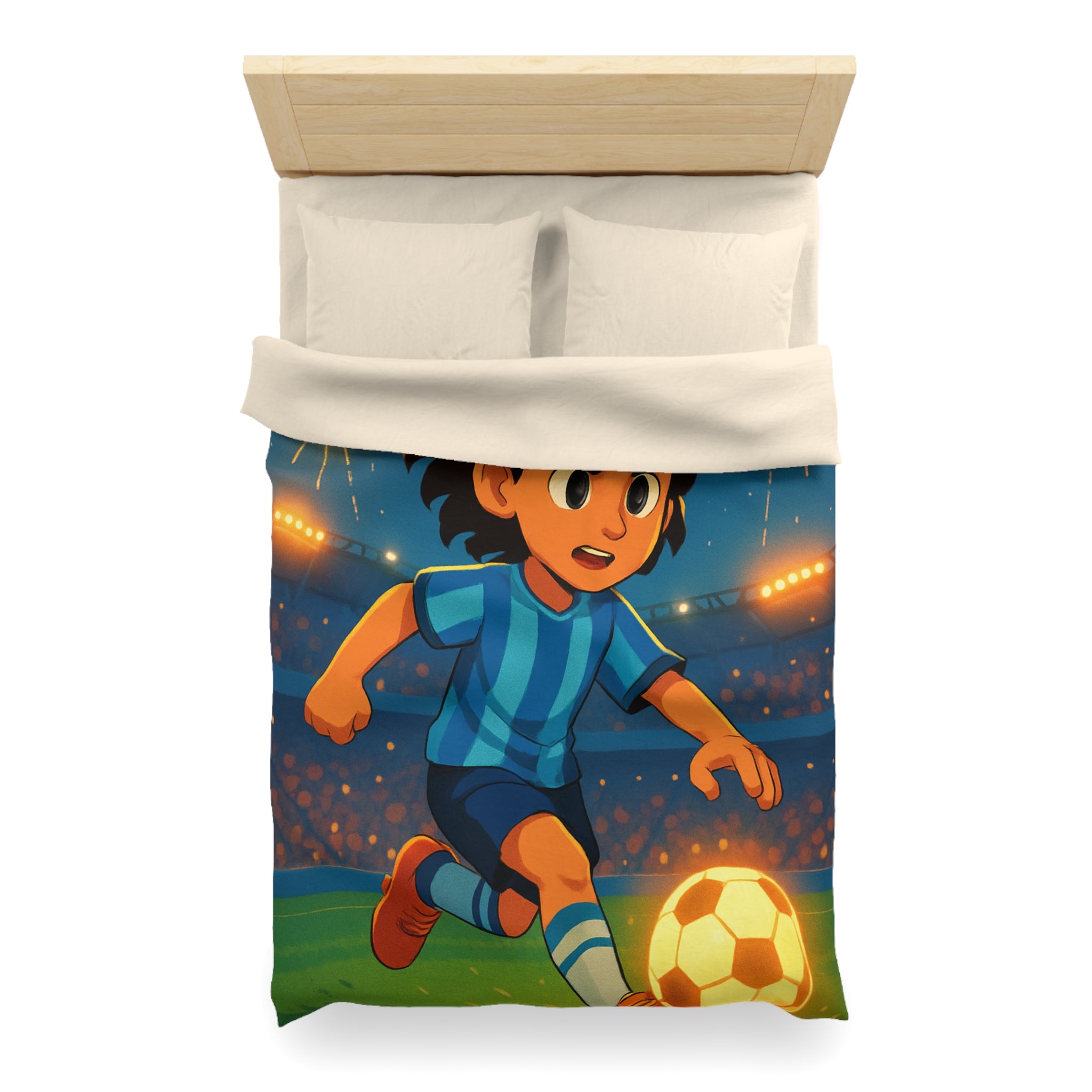Housse de couette vibrante avec joueur de football animé et feux d'artifice