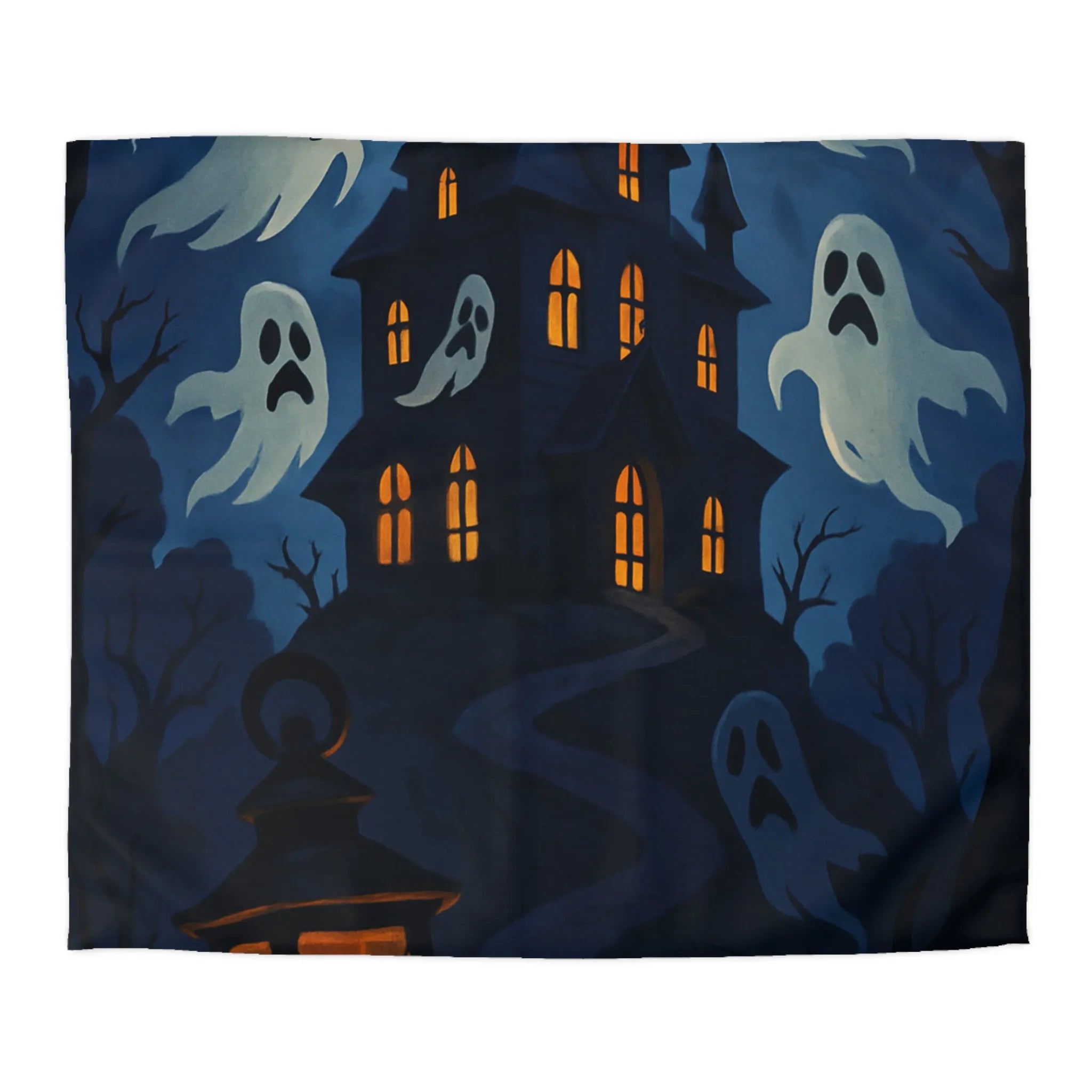 Housse de couette avec château hanté, fantômes, ciel orageux et lanterne mystérieuse