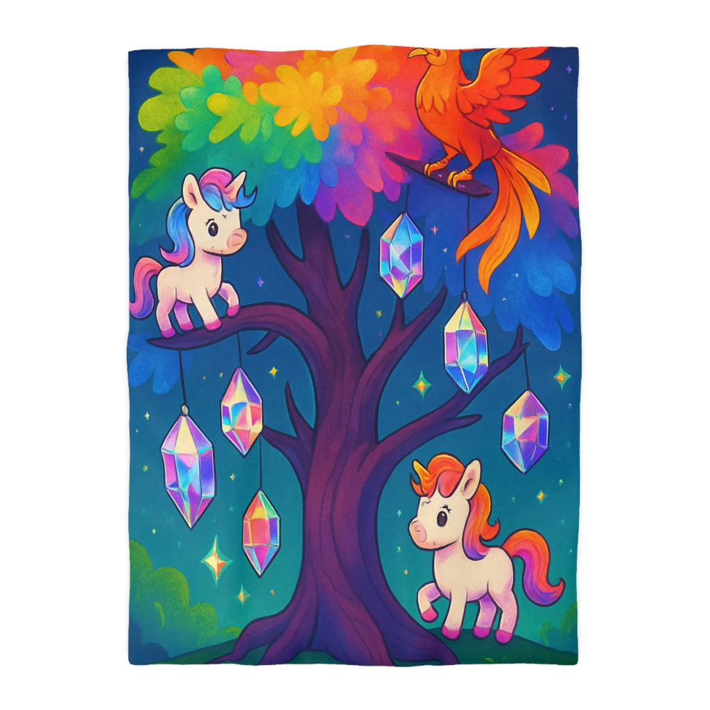 Housse de couette enfantine avec licornes, phénix, arbre magique et cristaux lumineux