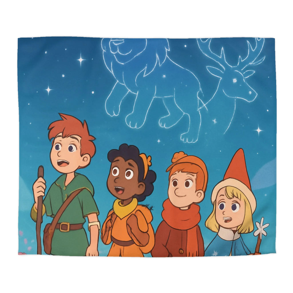 Housse de couette colorée avec enfants aventuriers et constellations nuit étoilée