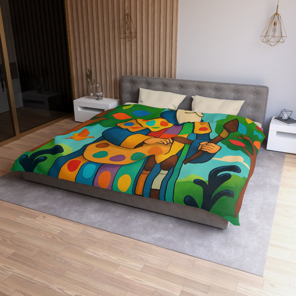 Housse de couette multicolore avec roi et oiseaux dans un jardin enchanteur