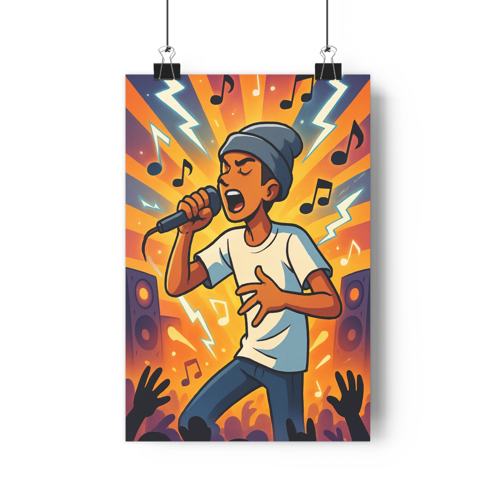 Poster décoratif rappeur musique cartoon lumineux jaune orange bleu dynamique chambre salon 30x46 cm