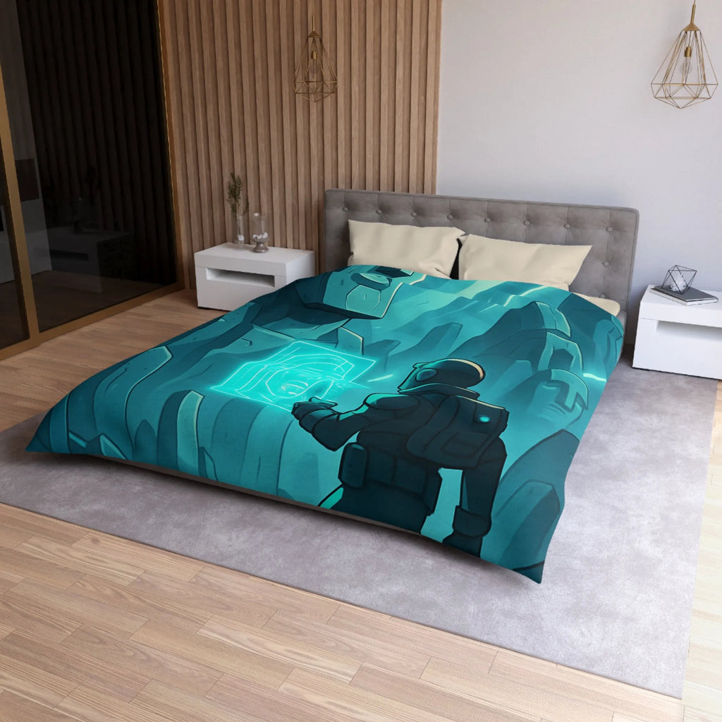 Housse de couette futuriste avec statues anciennes et explorateur dans une ambiance lumineuse néon