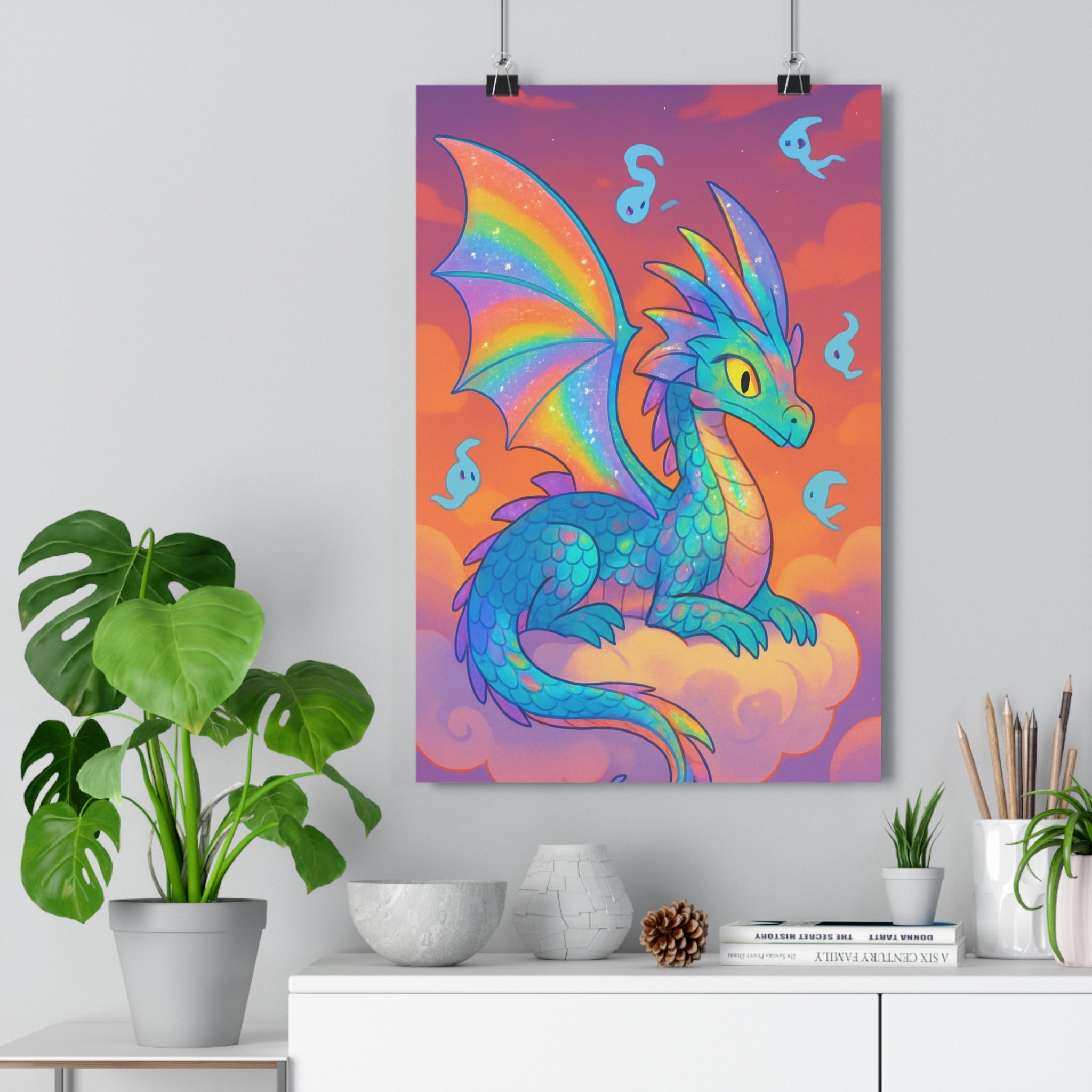 Poster décoratif dragon coloré ambiance mystique chambre enfant créatif nuages bleu violet 30x46 qualité