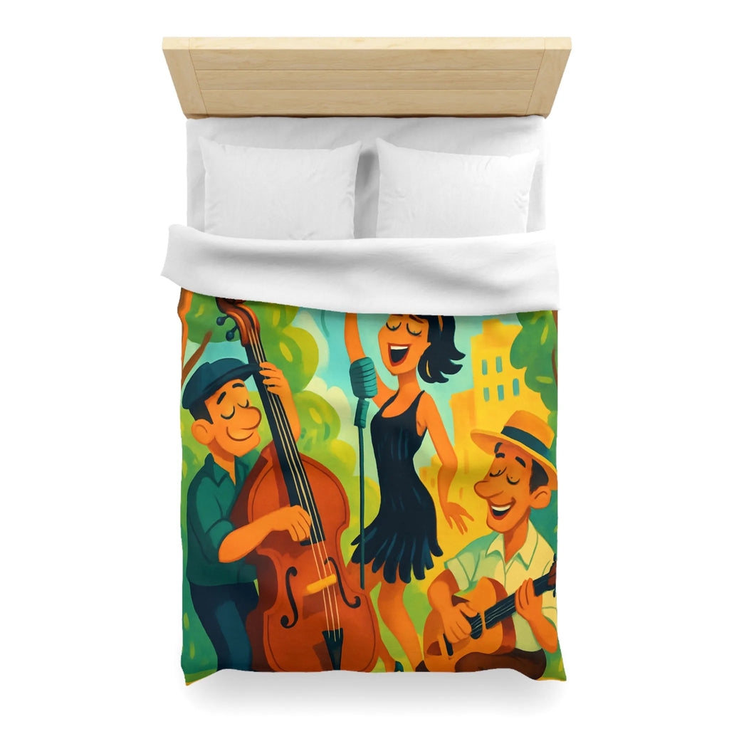 Housse de couette colorée avec scène musicale rétro dans un parc ensoleillé