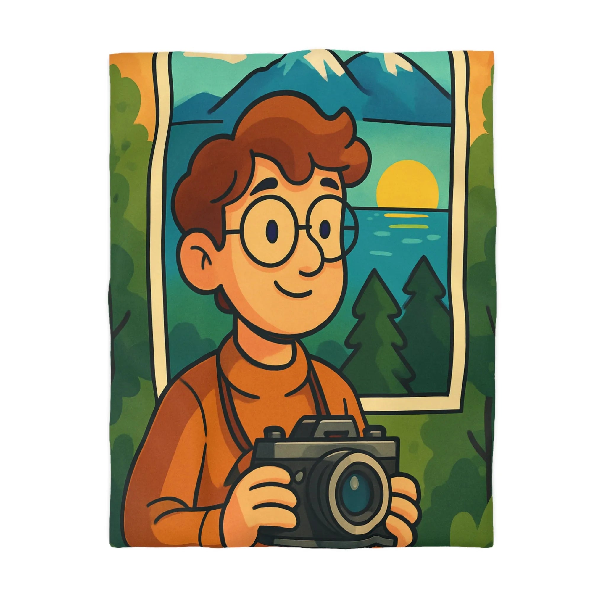 Housse de couette avec illustration vibrante de photographe et paysage montagneux coloré