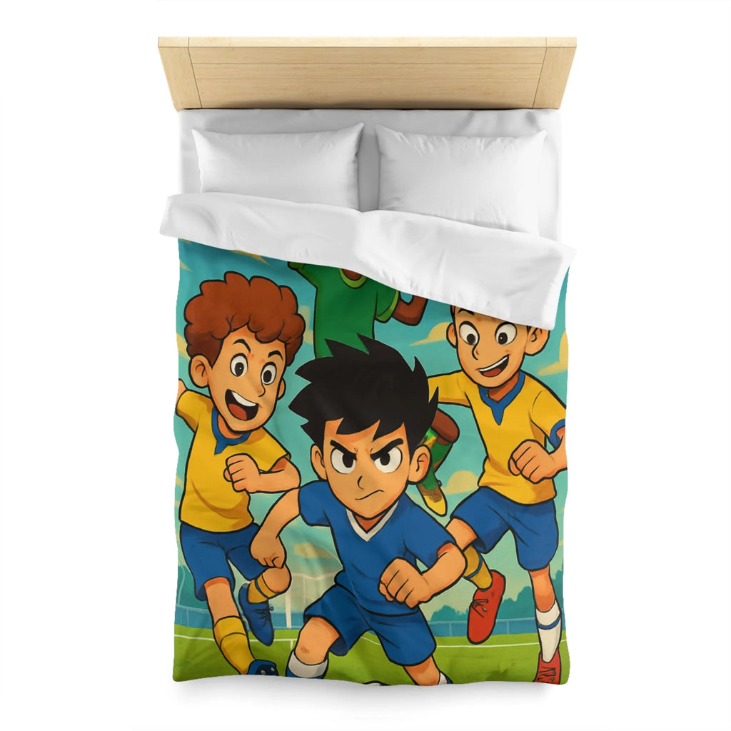 Housse de couette football enthousiaste pour enfants avec joueurs en action et ciel bleu