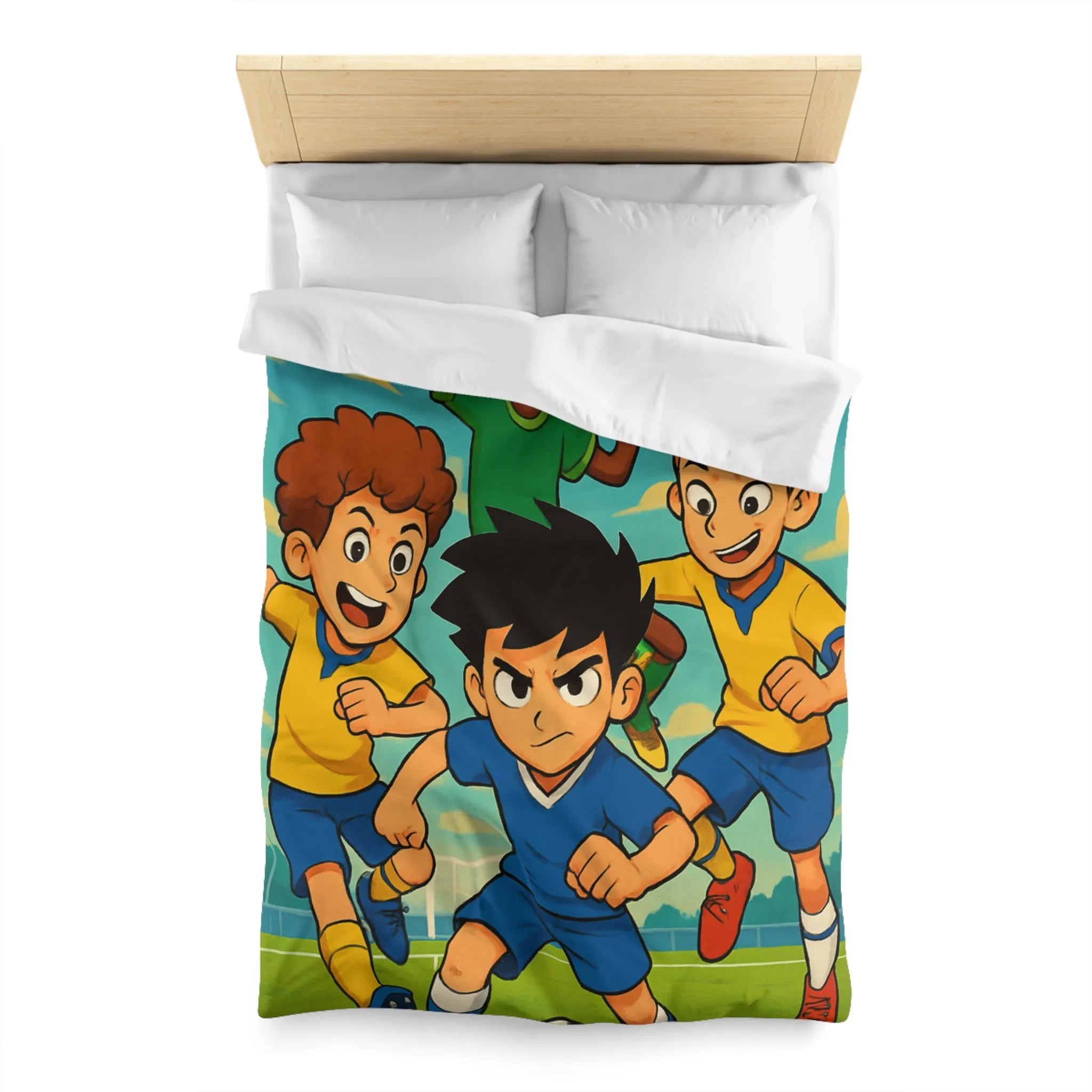 Housse de couette football enthousiaste pour enfants avec joueurs en action et ciel bleu