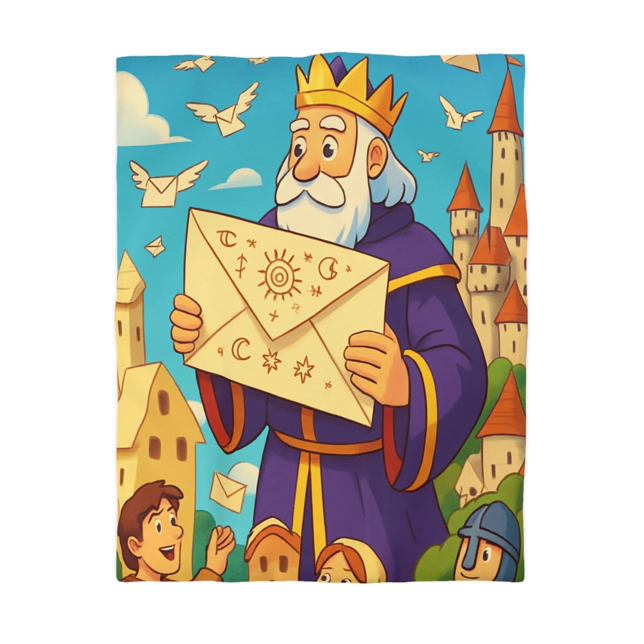 Housse de couette joyeuse avec roi médiéval et château féerique pour enfants