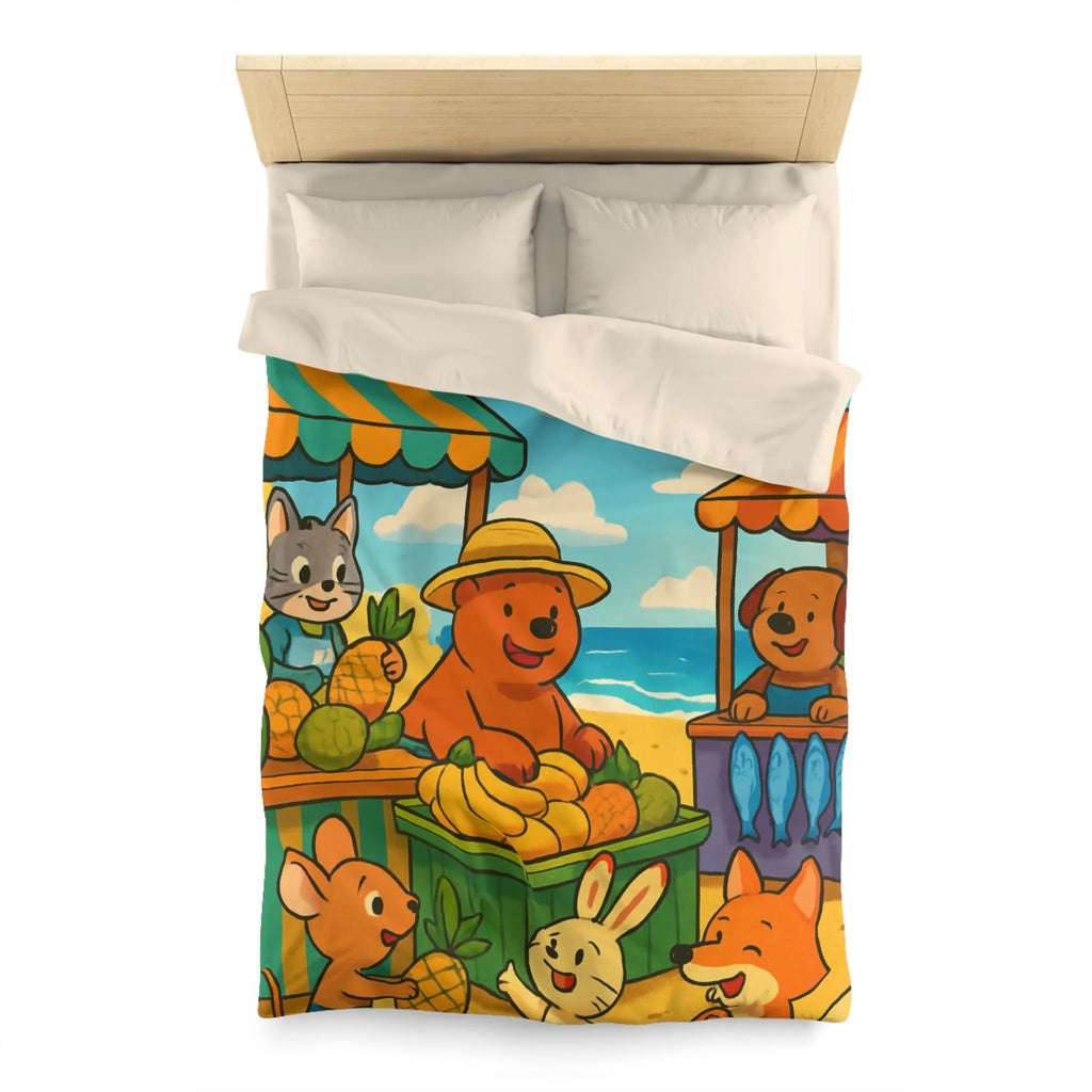 Housse de couette enfant avec animaux mignons sur plage et étals de fruits