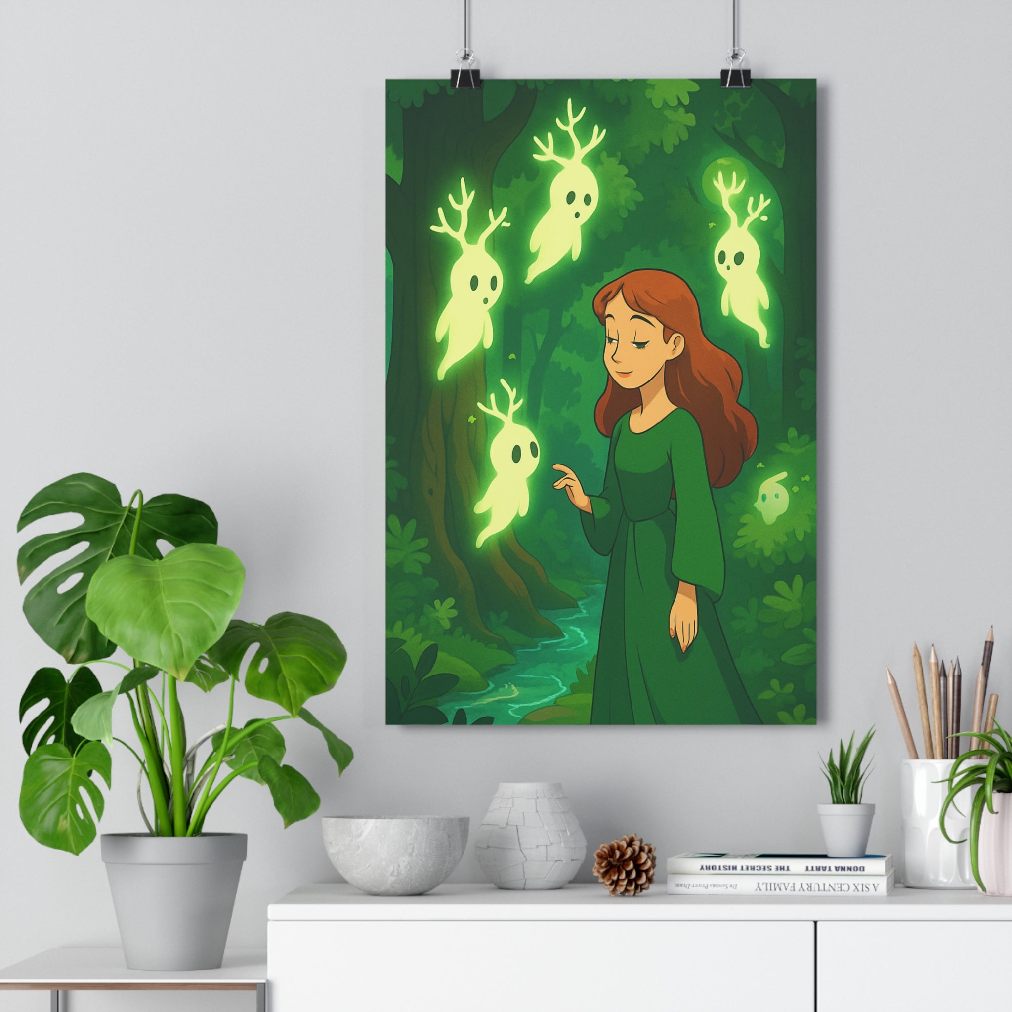 Poster décoratif fantastique émeraude rouge forêt magique salon chambre apaisant illustration aventure ruisseau qualité