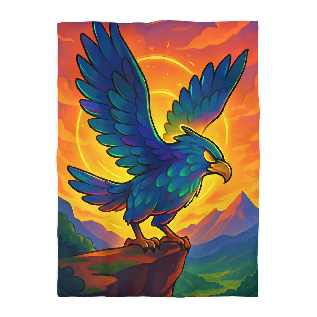 Housse de couette montagneuse avec aigle majestueux et vue spectaculaire au lever du soleil