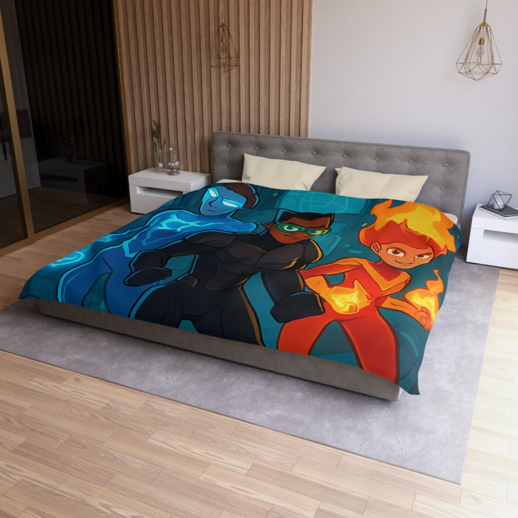 Housse de couette super-héros colorée avec motifs de feu, glace et technologie futuriste