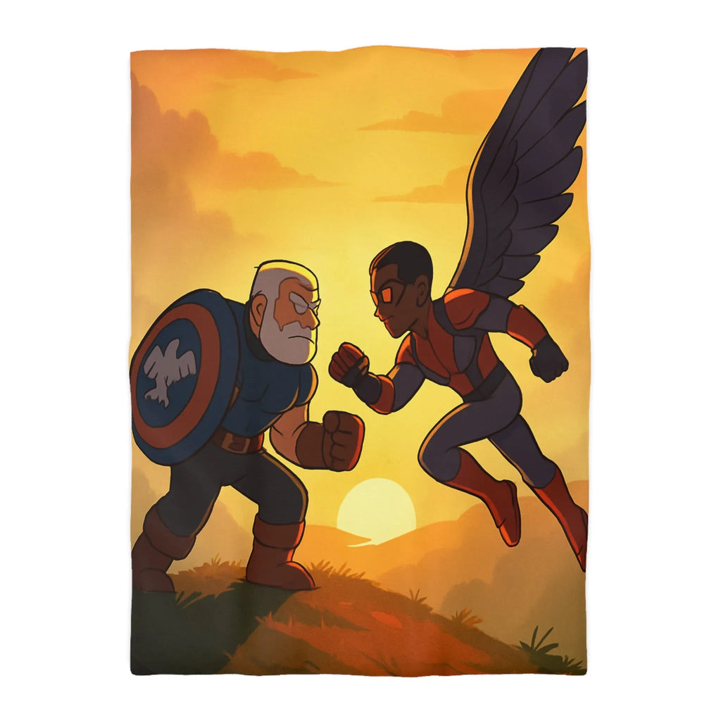Housse de couette épique avec scène de combat héroïque au coucher du soleil