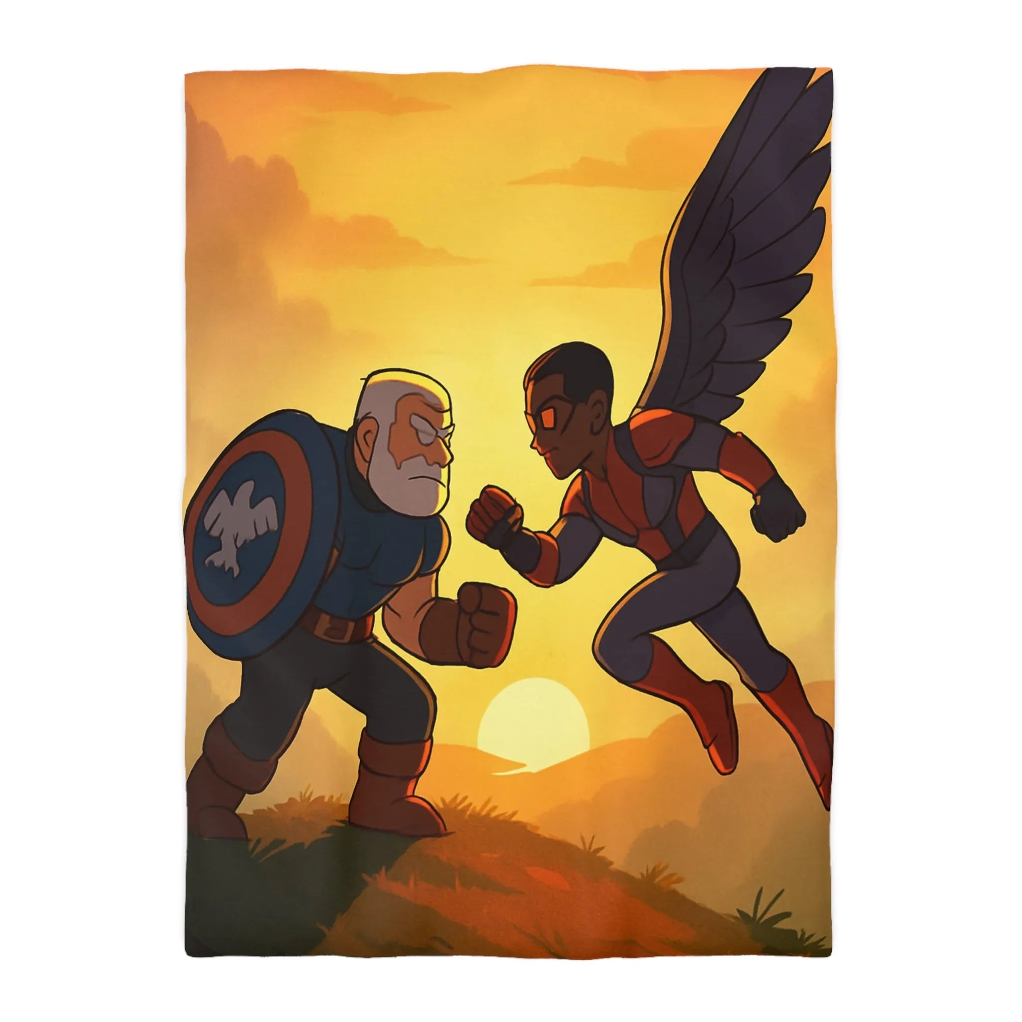Housse de couette épique avec scène de combat héroïque au coucher du soleil