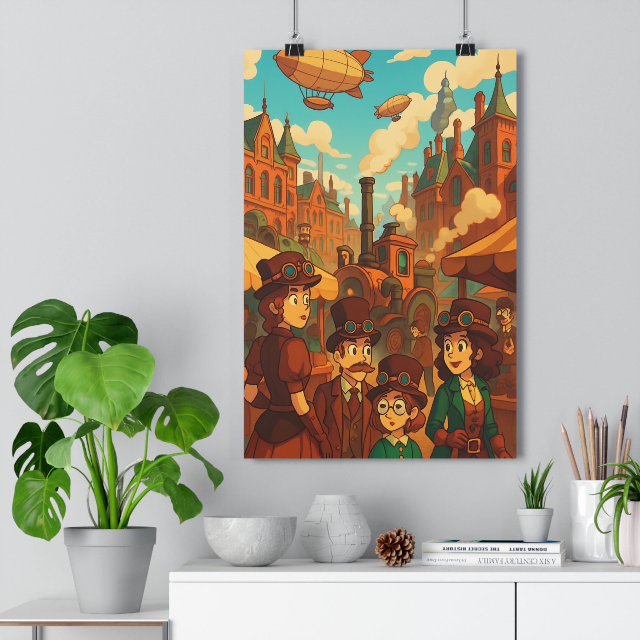 Poster décoratif steampunk rétro cuivre laiton brun salon bureau industriel futuriste vintage aventure qualité