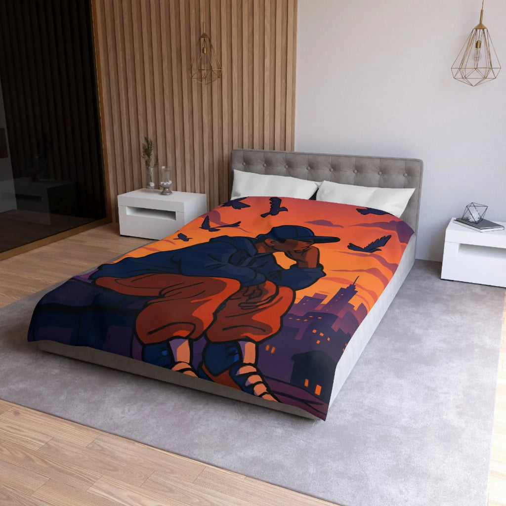 Housse de couette au design urbain moderne avec ciel crépusculaire et silhouette pensive