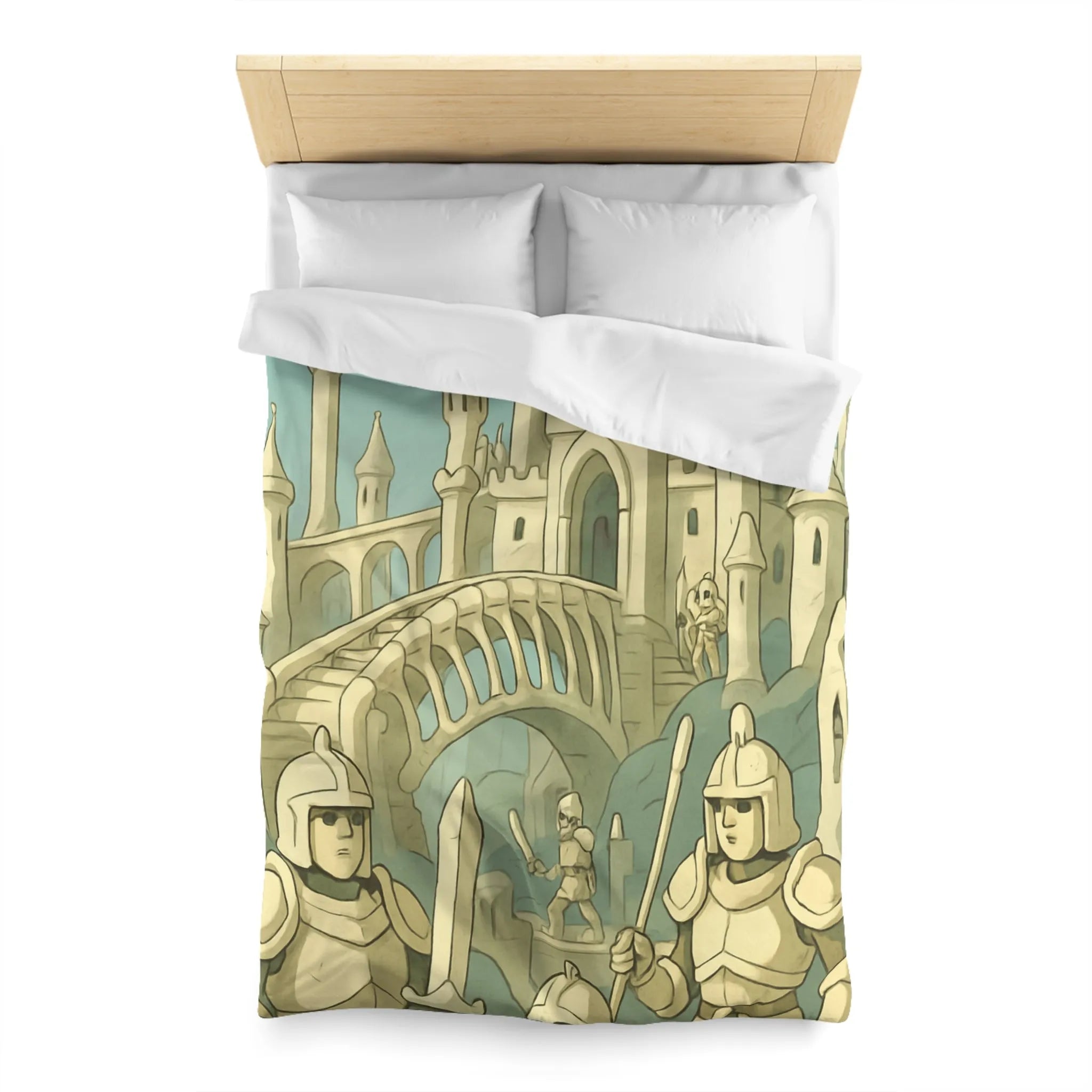 Housse de couette médiévale illustrée avec château crâne et chevaliers en armure
