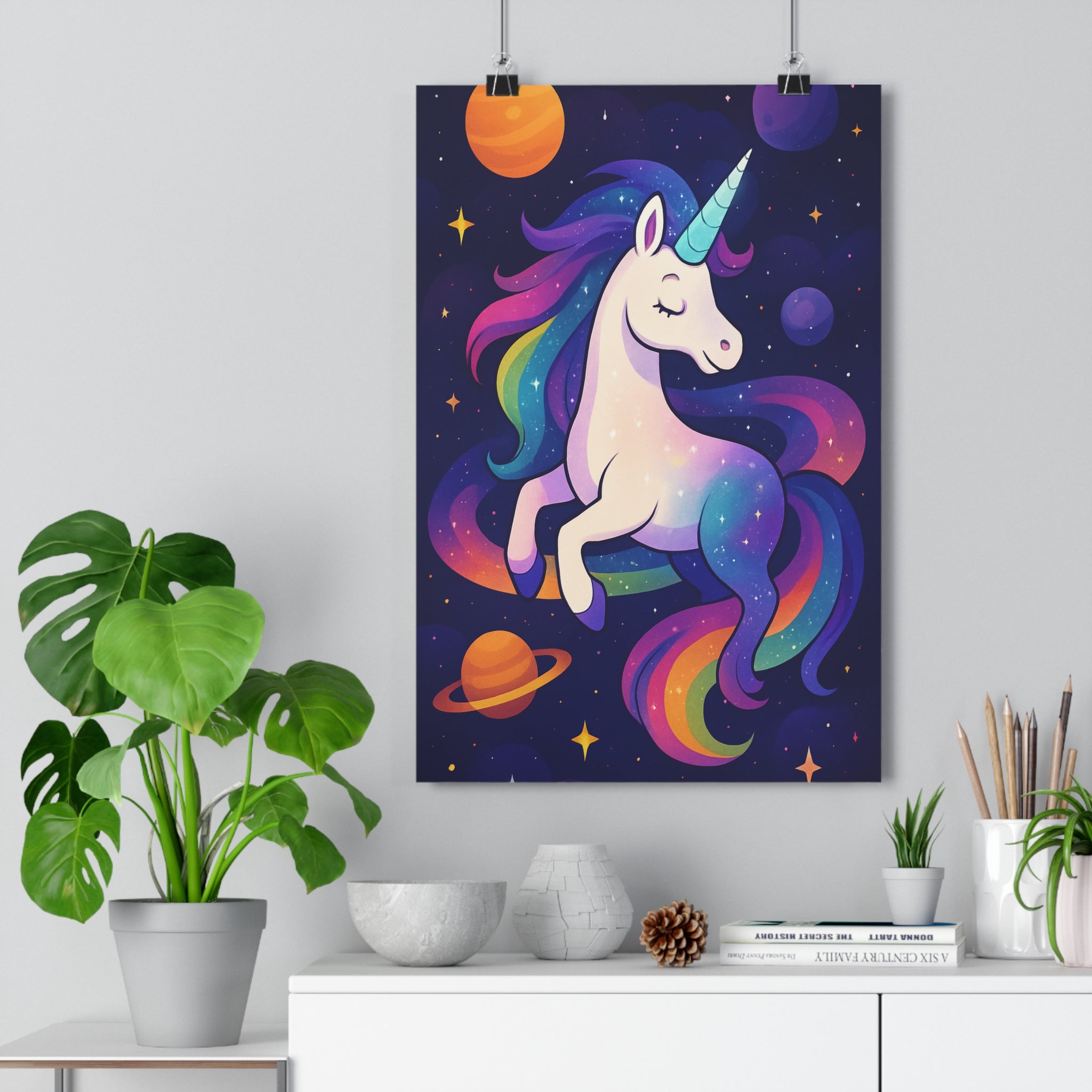 Poster décoratif licorne galactique cartoon futuriste violet bleu rose chambre enfant cosmos magique qualité