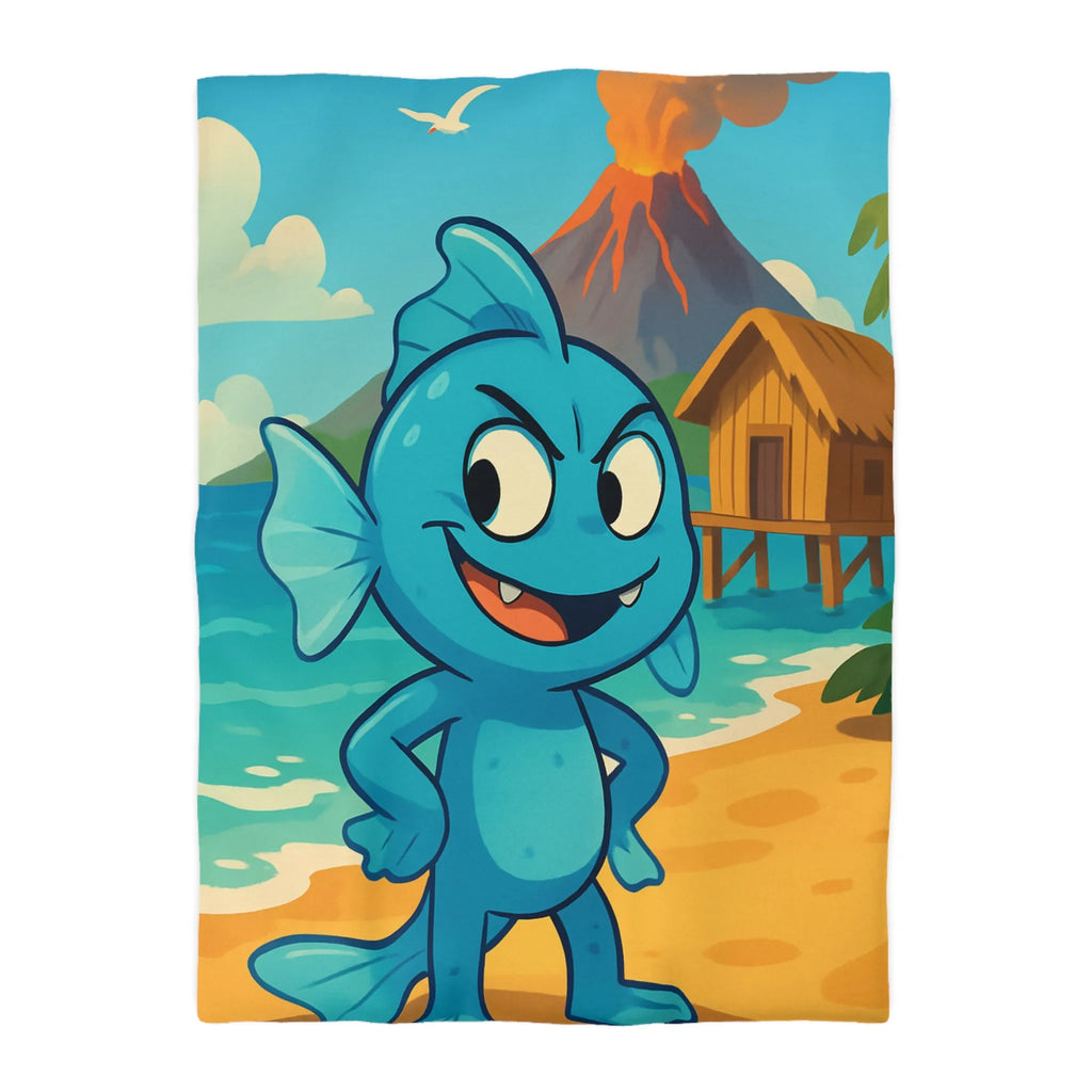 Housse de couette île tropicale avec poisson bleu et volcan en arrière-plan