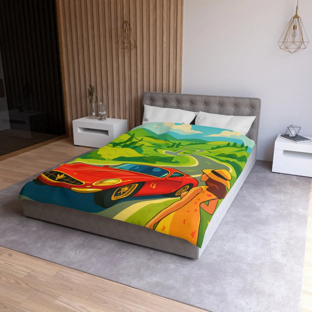 Housse de Couette Colorée avec Paysage Champêtre, Route Sinueuse et Voiture Rouge