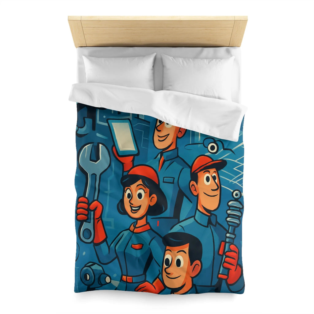 Housse de Couette Industrielle avec Équipe de Travail Souriante dans Tonalités Bleues et Rouges