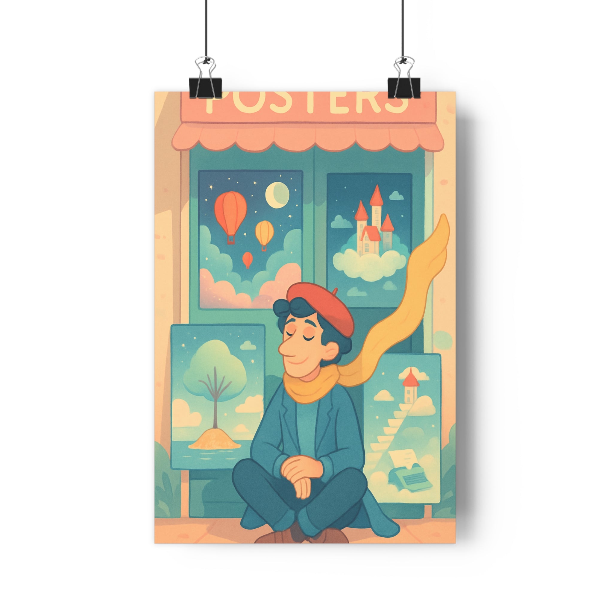 Poster décoratif surréaliste bleu rose jaune rêveur salon bureau 30x46 paisible original créatif ambiance