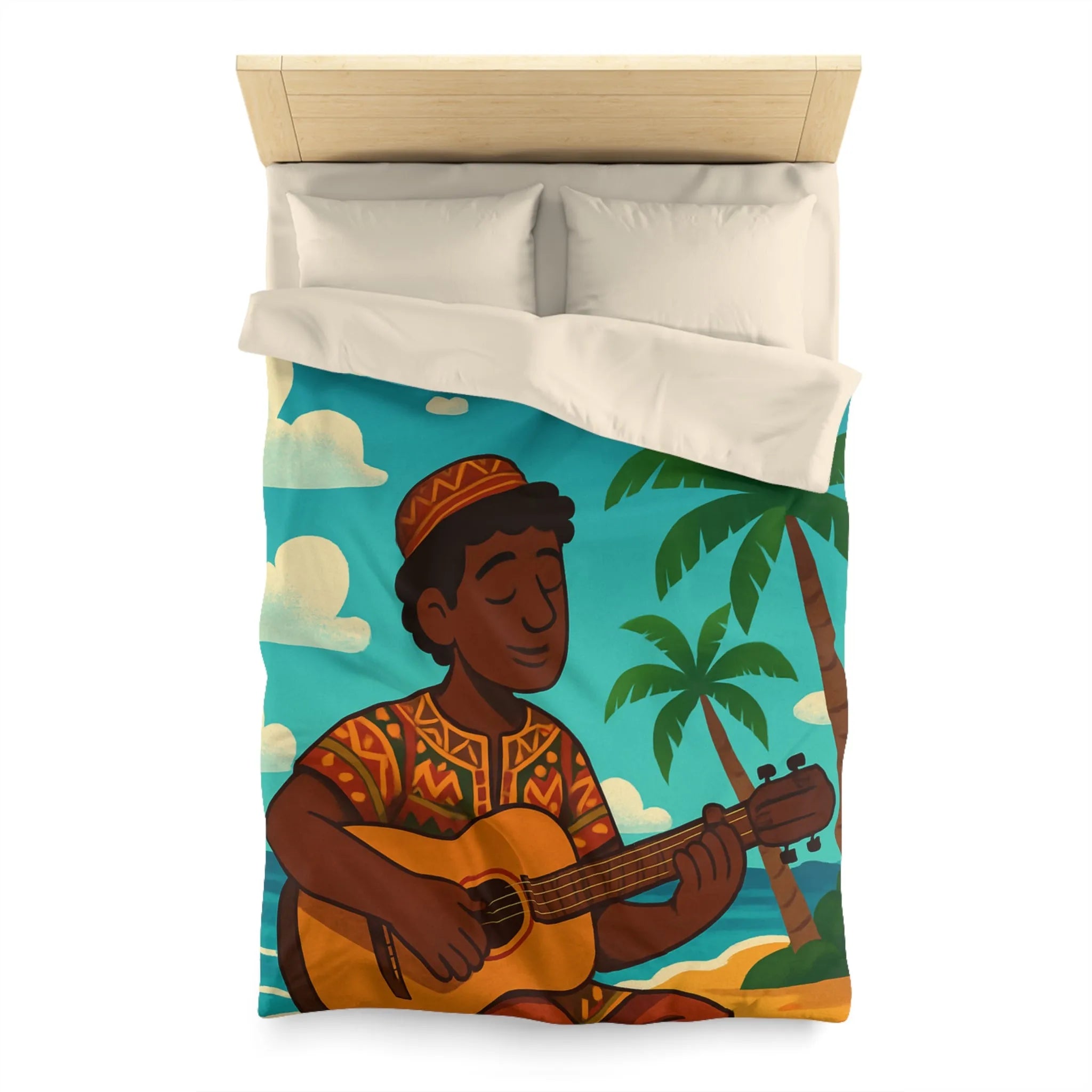 Housse de couette illustrée avec musicien joyeux sous les palmiers en bord de mer