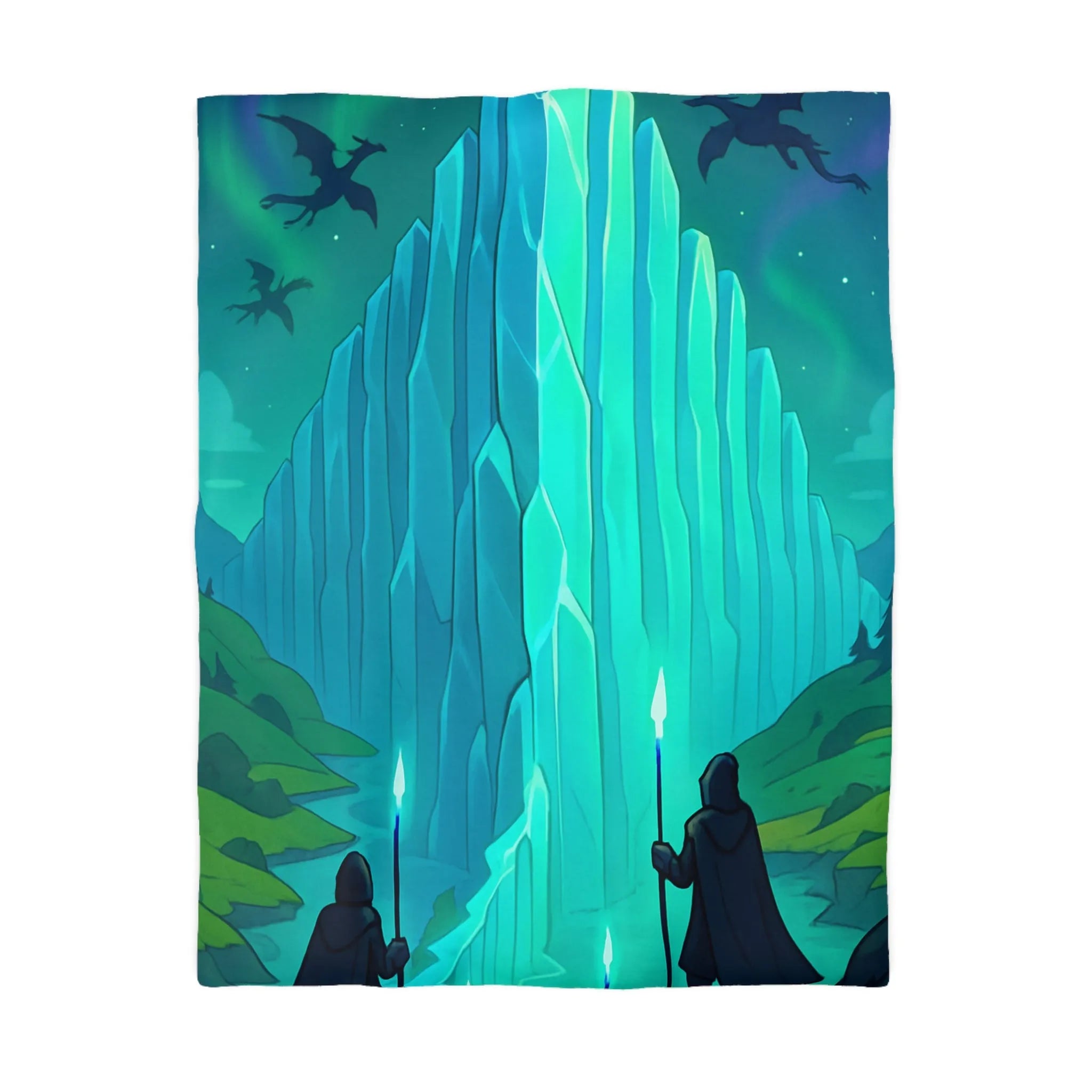 Housse de couette fantastique avec cristal géant et silhouettes de dragons au crépuscule