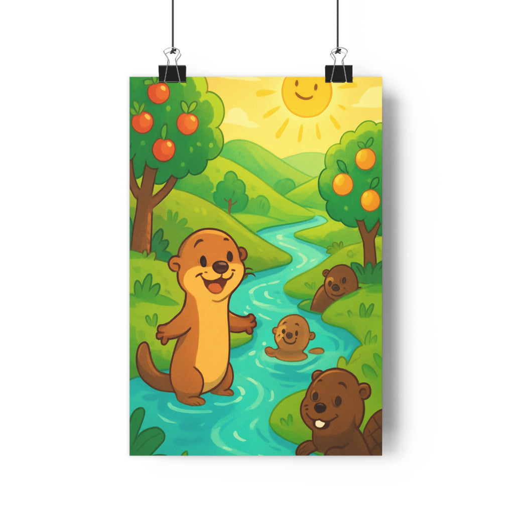 Poster décoratif nature cartoon joyeux enfant chambre rivière arbres verts loutres castor lumineux ambiance