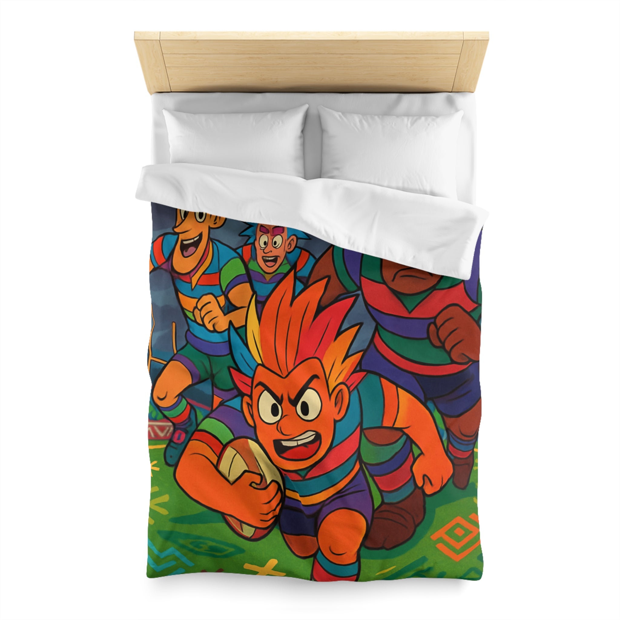 Parure de lit colorée avec joueurs de rugby en style bande dessinée pour enfant