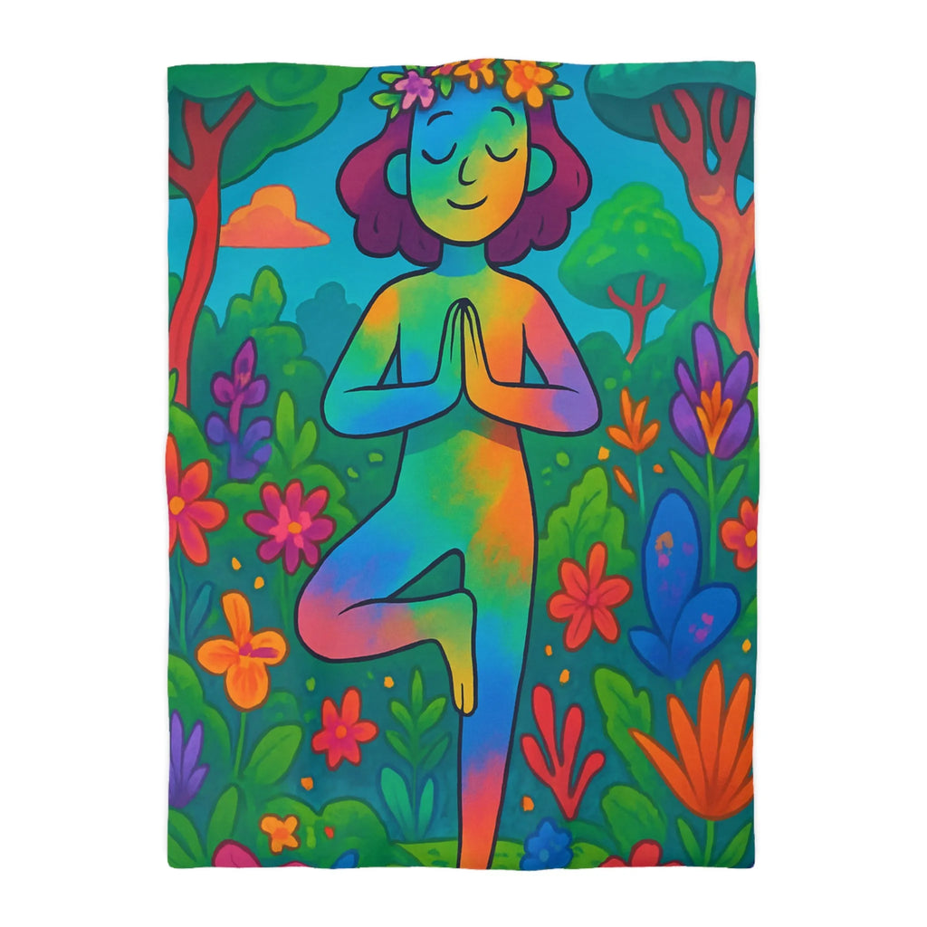 Housse de Couette avec Illustration Arc-en-Ciel d’une Personne Pratiquant le Yoga en Nature