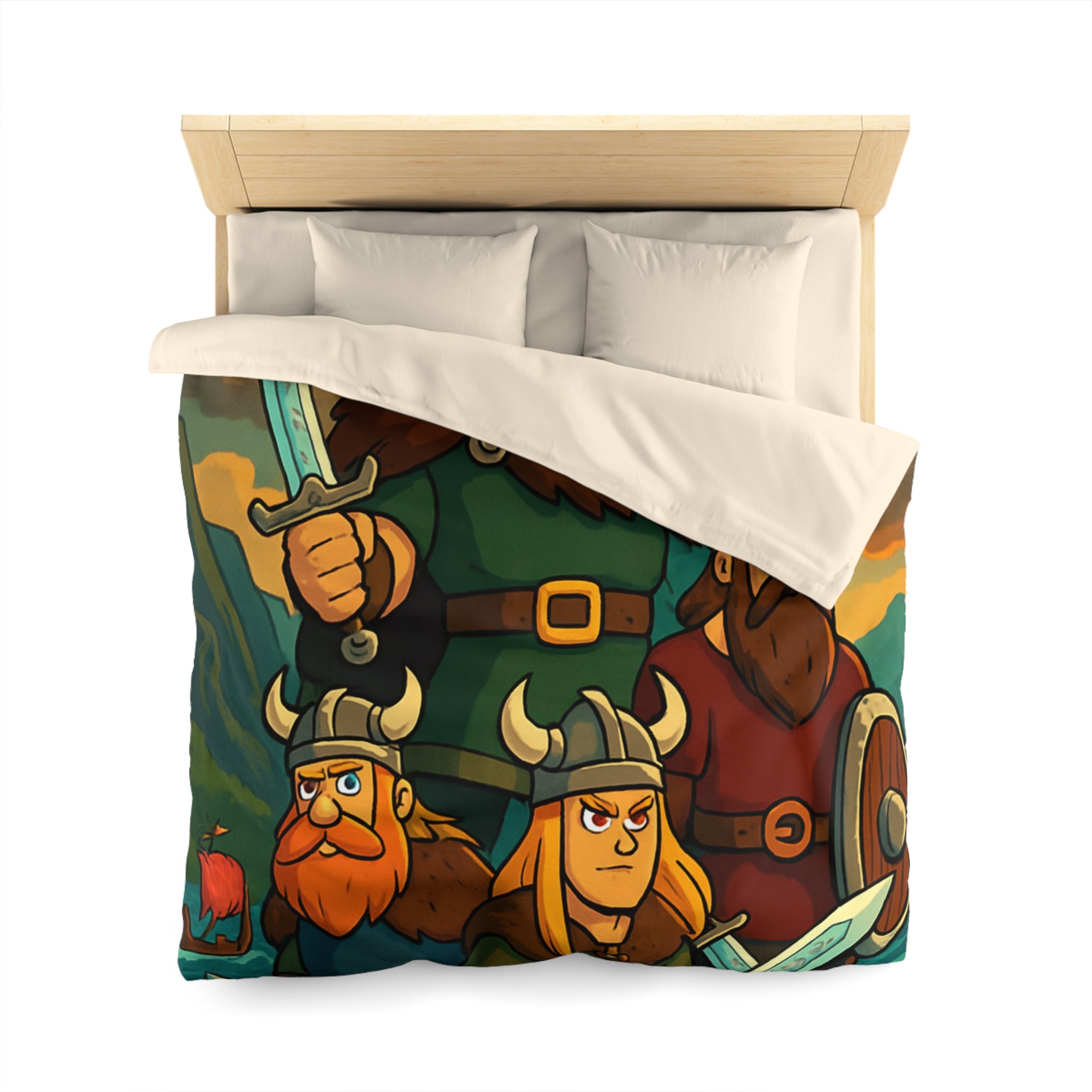 Housse de couette viking épique avec des guerriers et paysage dramatique