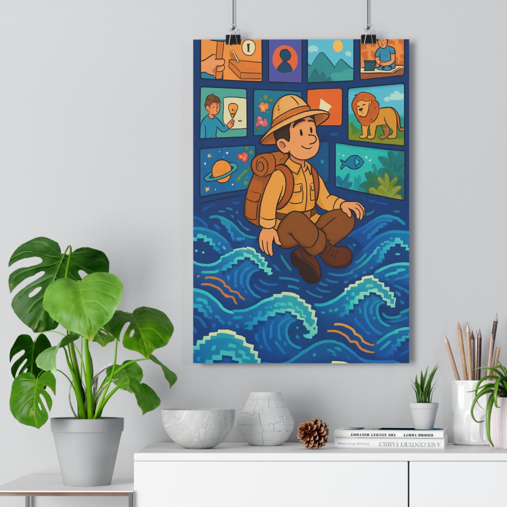 Poster décoratif cartoon surréaliste coloré explorateur océan vagues ludique créatif salon bureau chambre qualité