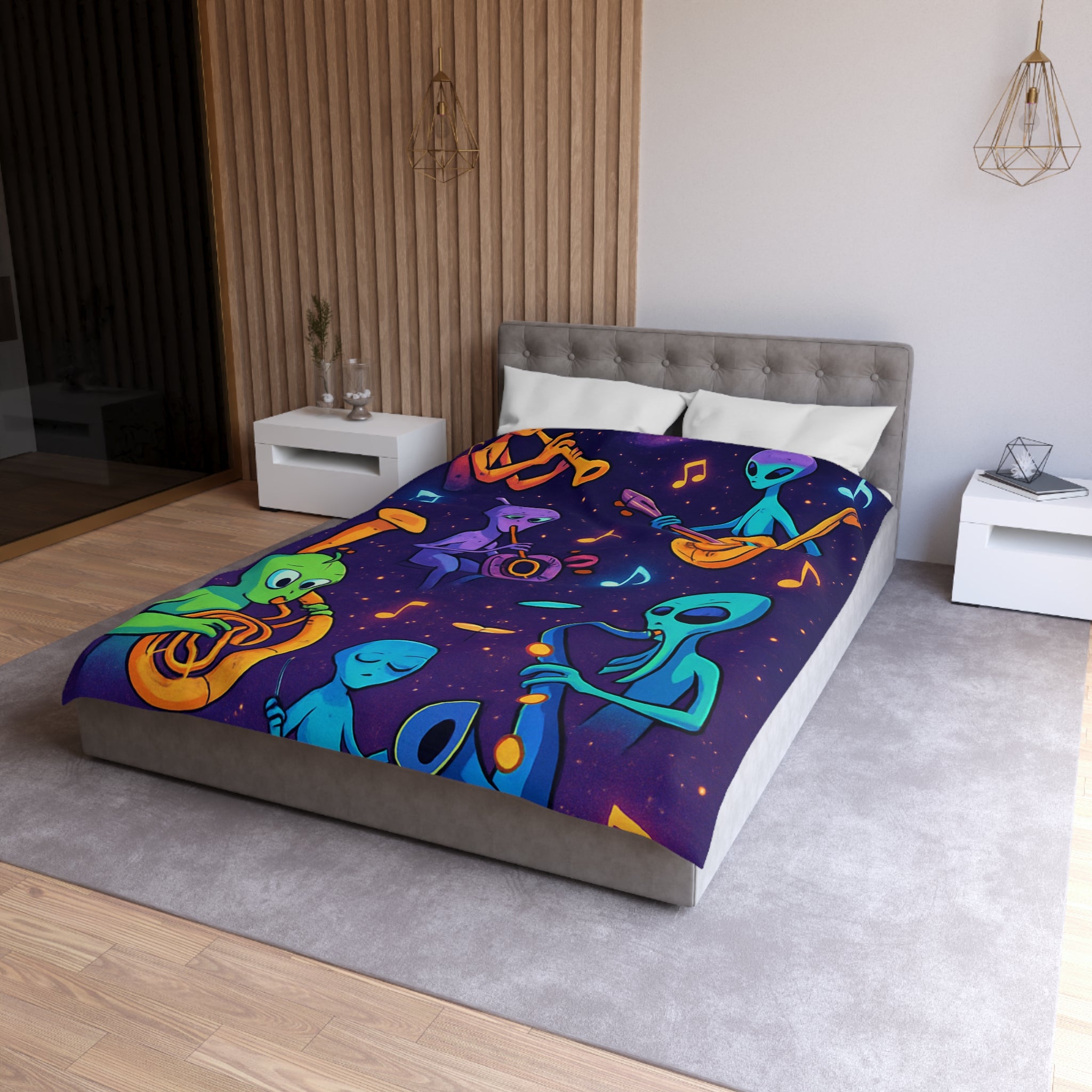 Housse de Couette Motif Aliens Musiciens Colorés Enchantant L'univers Spatial Fantastique