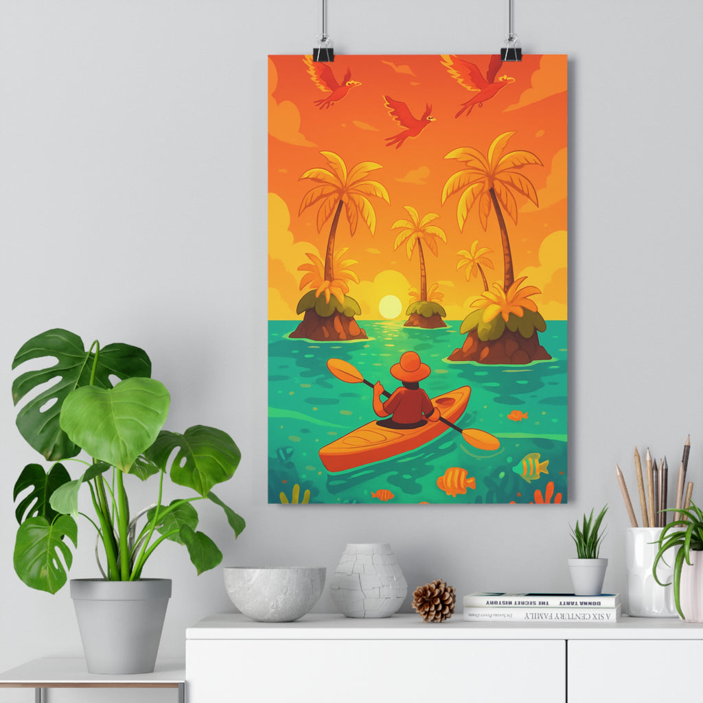 Poster décoratif tropical cartoon coloré vibrant joyeux salon chambre aventure nature mer kayak déco