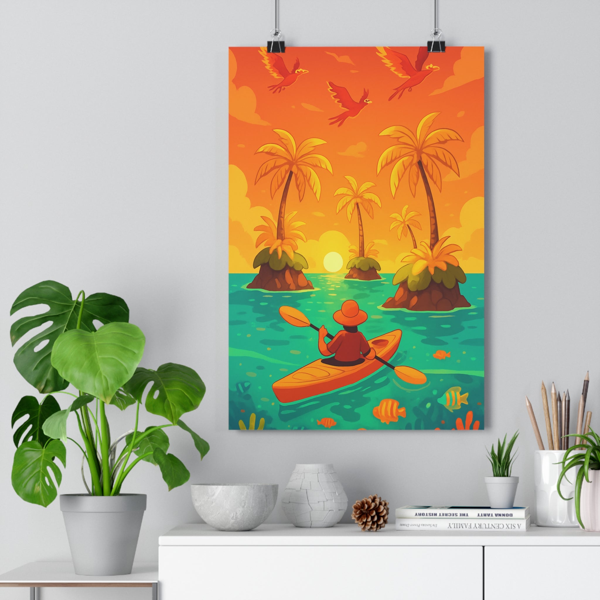 Poster décoratif tropical cartoon coloré vibrant joyeux salon chambre aventure nature mer kayak déco